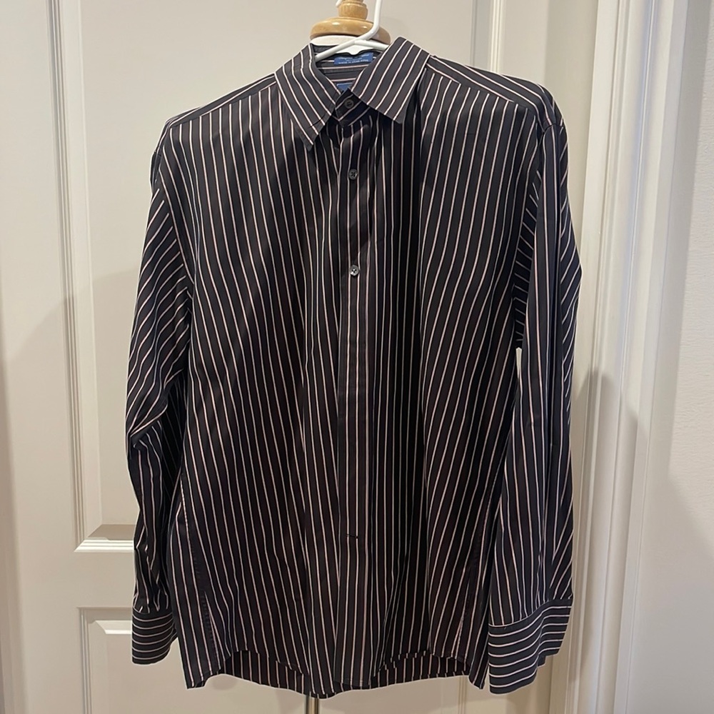 Faconnable men’s dress button up shirt brown with pink stripes SZ L
